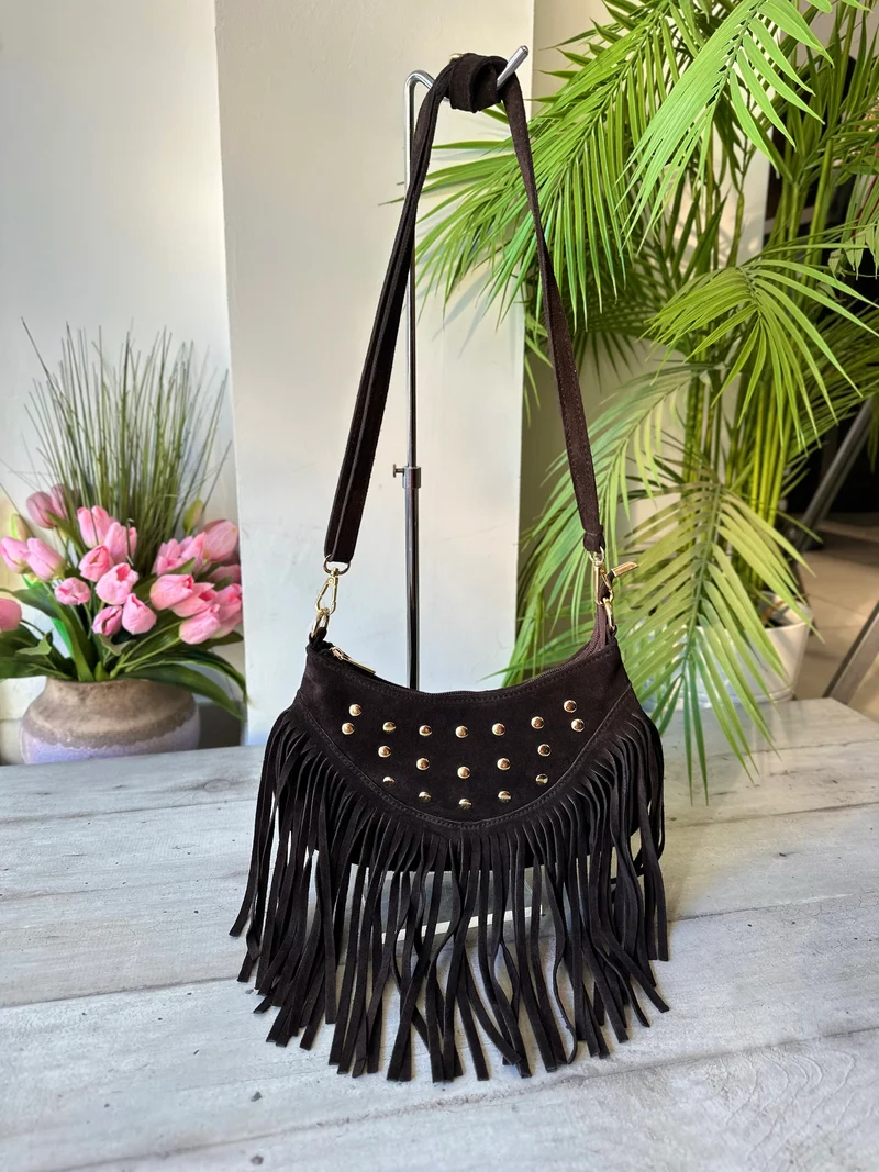 Borsetta Tracolla Indiana con Borchie Frange Scamosciata Vera Pelle Marrone KRISTA