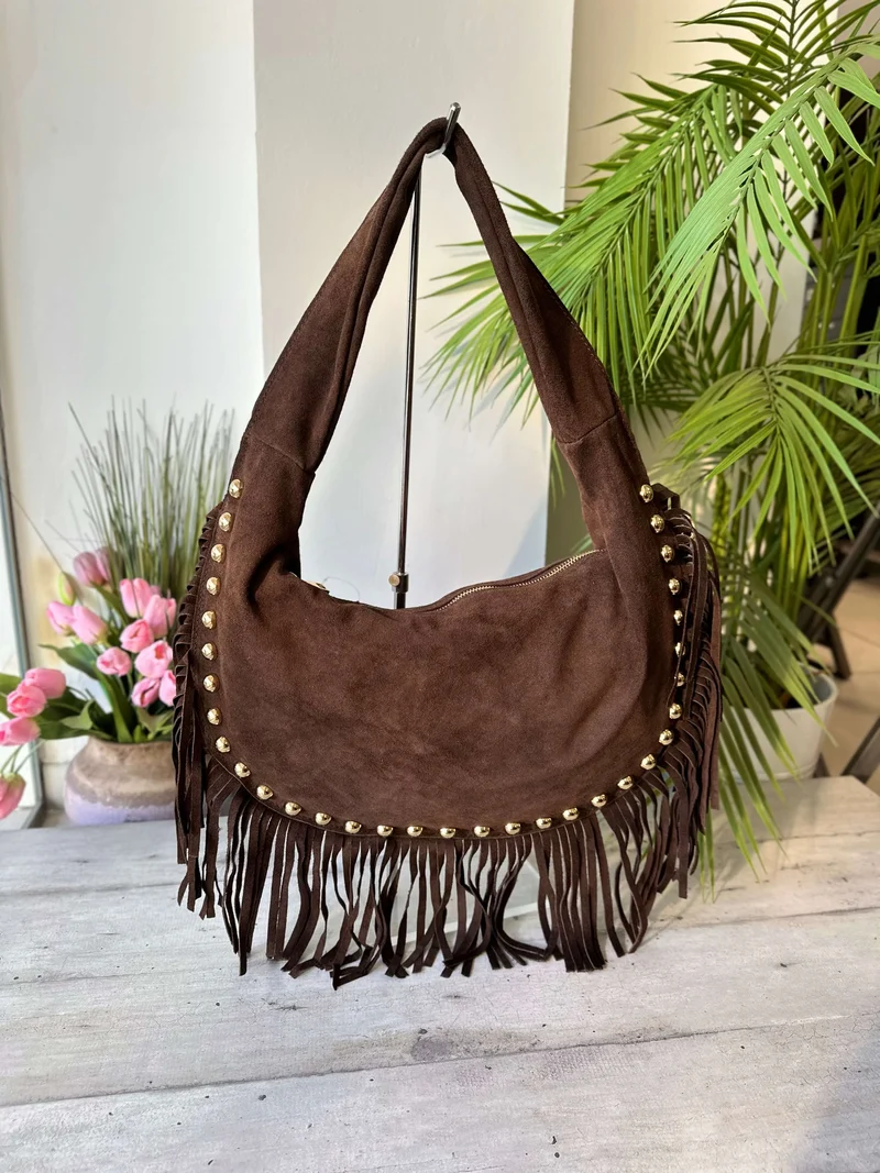 Borsa a Spalla con Borchie Dorate Frange Pelle Scamosciata Marrone MARLA
