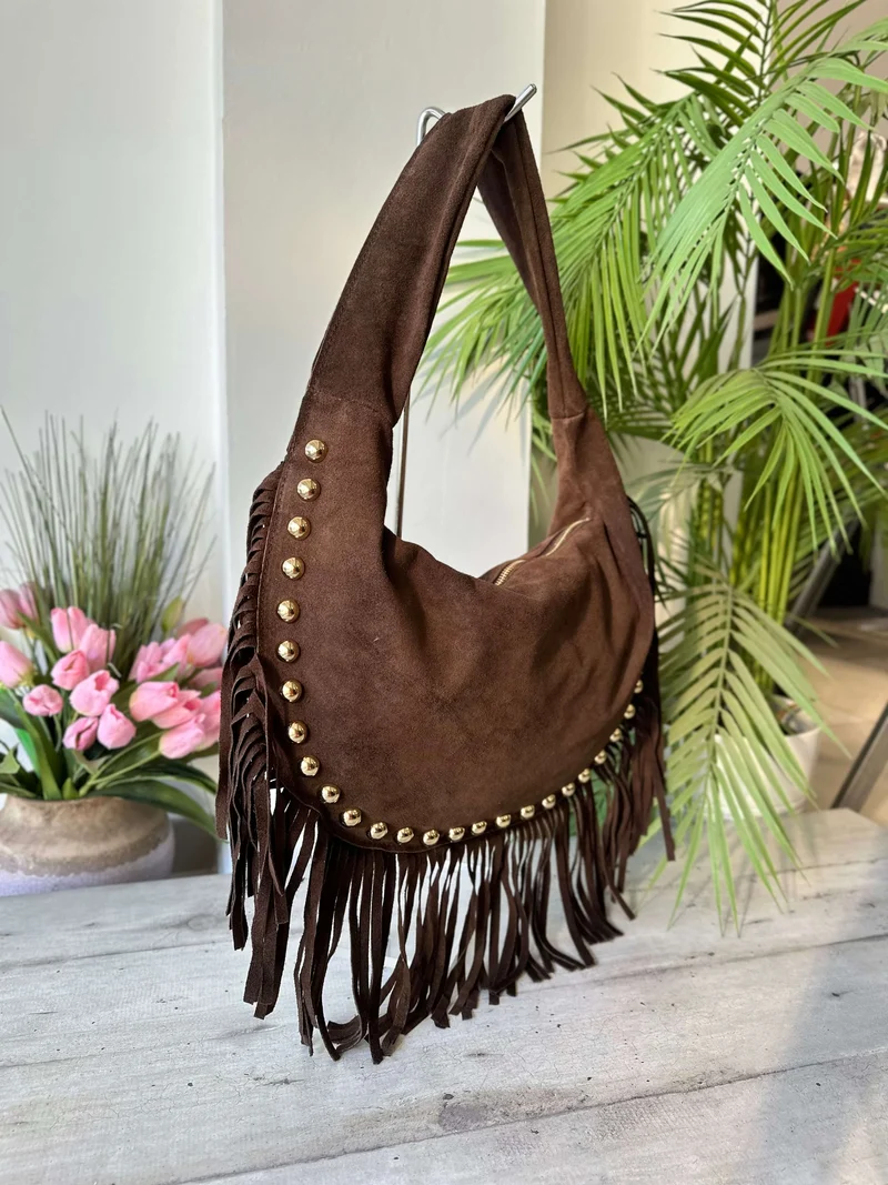 Borsa a Spalla con Borchie Dorate Frange Pelle Scamosciata Marrone MARLA