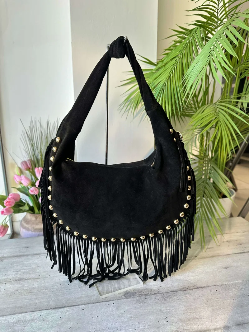Borsa a Spalla con Borchie Dorate Frange Pelle Scamosciata Nera MARLA
