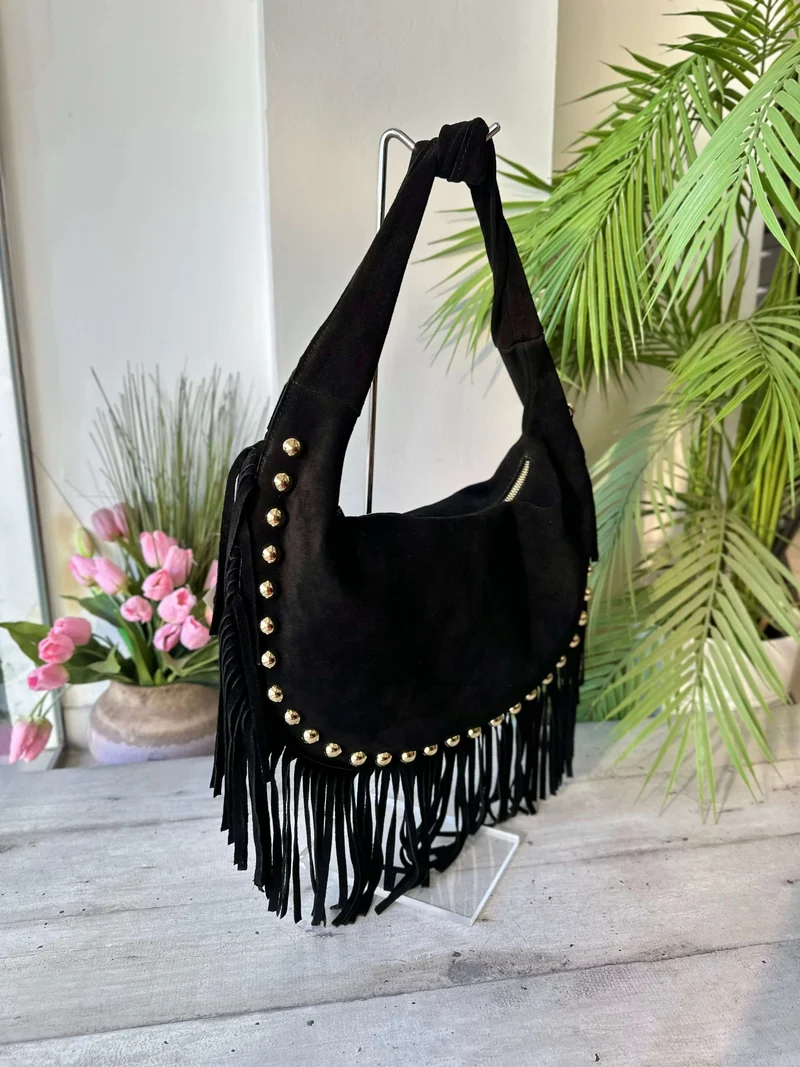 Borsa a Spalla con Borchie Dorate Frange Pelle Scamosciata Nera MARLA