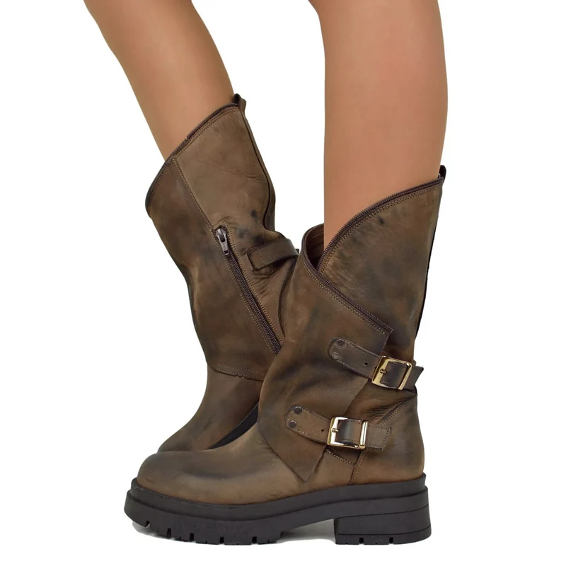 Stivali Donna Biker Marroni con Fibbie Dorate e Zip Laterale Made in Italy
