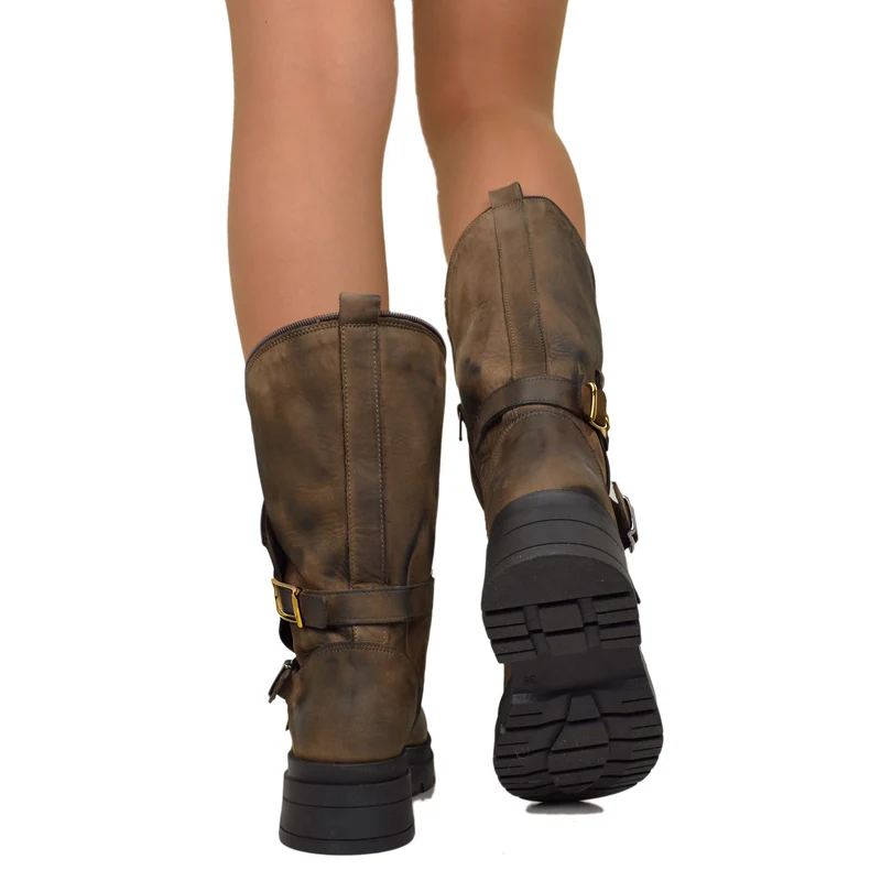 Stivali Donna Biker Marroni con Fibbie Dorate e Zip Laterale Made in Italy