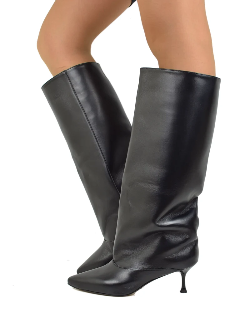 Stivali Eleganti a punta Vera pelle nera con Tacco a Spillo Made in Italy Kitten Heels