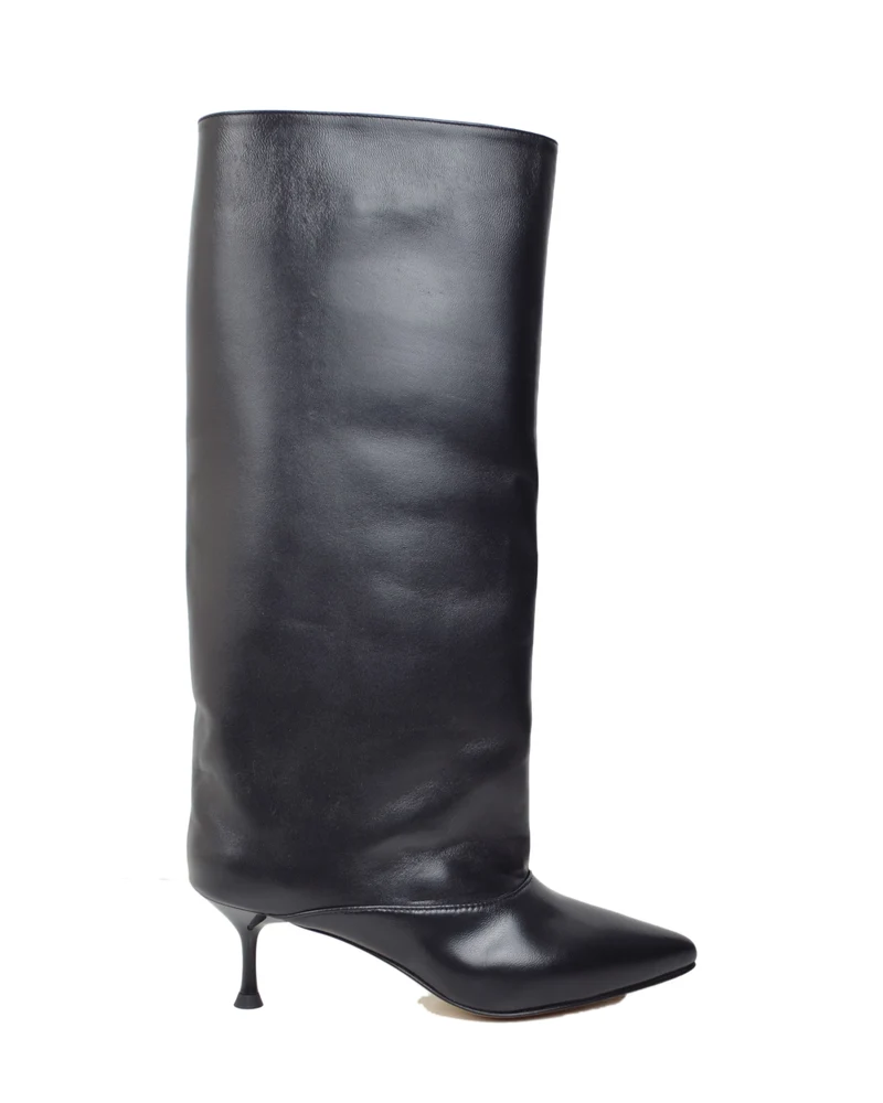 Stivali Eleganti a punta Vera pelle nera con Tacco a Spillo Made in Italy Kitten Heels