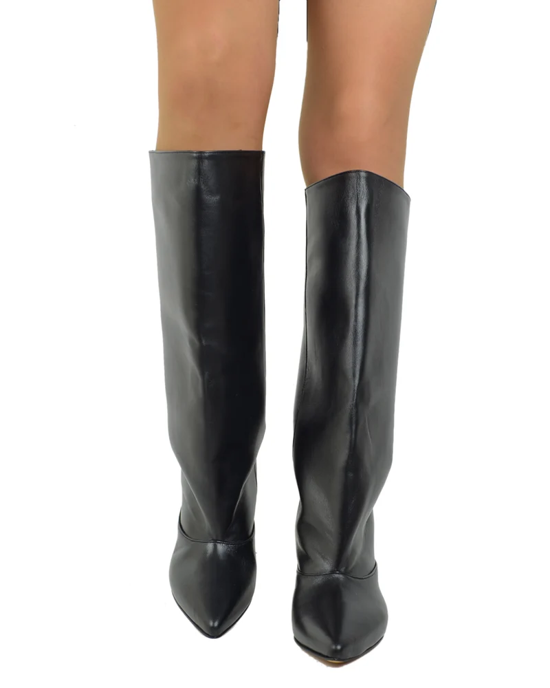 Stivali Eleganti a punta Vera pelle nera con Tacco a Spillo Made in Italy Kitten Heels