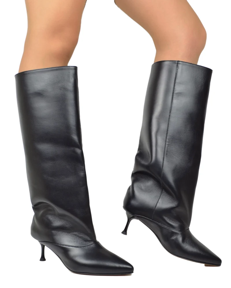 Stivali Eleganti a punta Vera pelle nera con Tacco a Spillo Made in Italy Kitten Heels