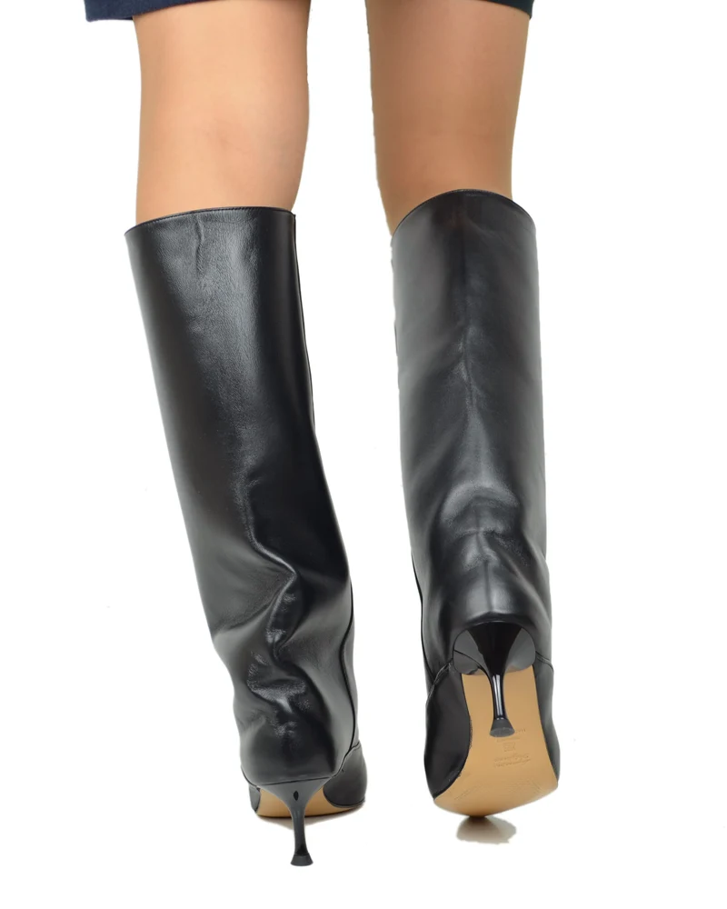 Stivali Eleganti a punta Vera pelle nera con Tacco a Spillo Made in Italy Kitten Heels