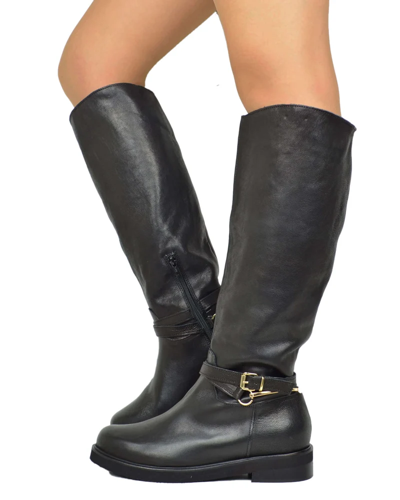 Stivali Cavallerizza Donna Pelle Nera con Catena e Zip