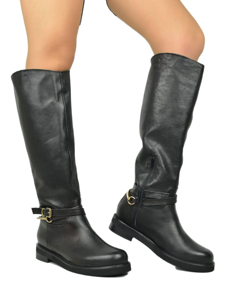 Stivali Cavallerizza Donna Pelle Nera con Catena e Zip