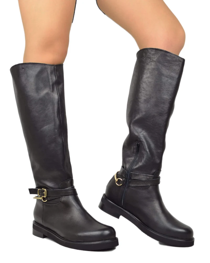 Stivali Cavallerizza Donna Pelle Nera con Catena e Zip