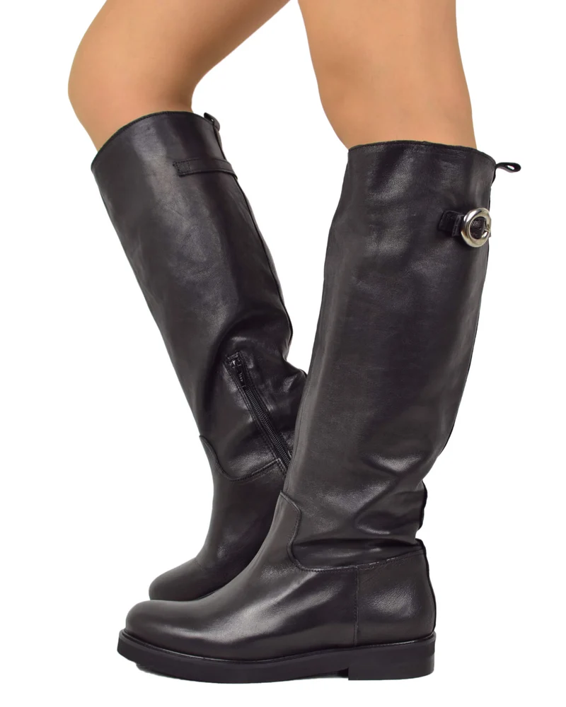 Stivali Cavallerizza Donna in Pelle Nera Eleganti con Zip e Fibbia