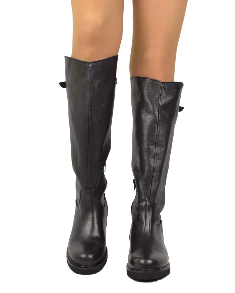 Stivali Cavallerizza Donna in Pelle Nera Eleganti con Zip e Fibbia