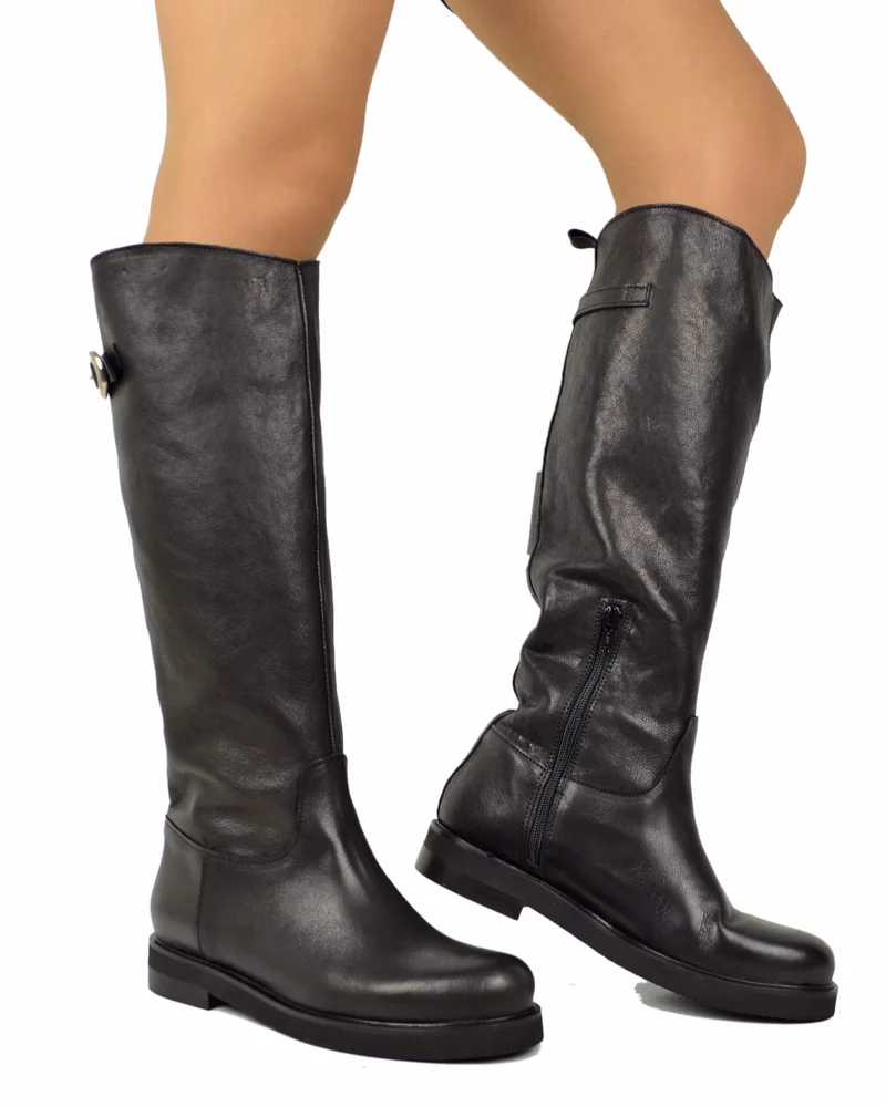 Stivali Cavallerizza Donna in Pelle Nera Eleganti con Zip e Fibbia