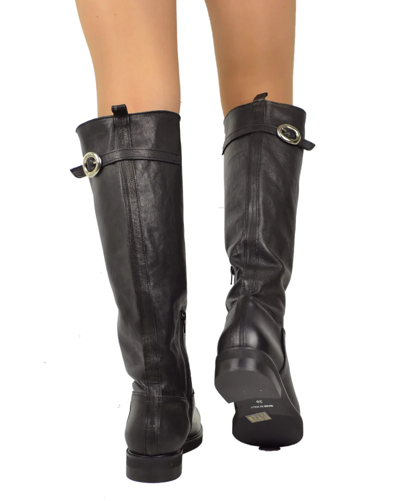 Stivali Cavallerizza Donna in Pelle Nera Eleganti con Zip e Fibbia