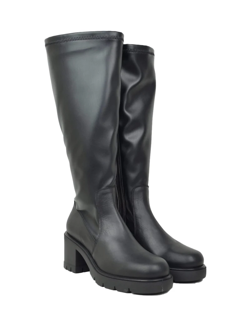 Stivali Donna Alti in Pelle Neri con Tacco Largo Gambale Largo XL Elasticizzato e Zip Made in Italy