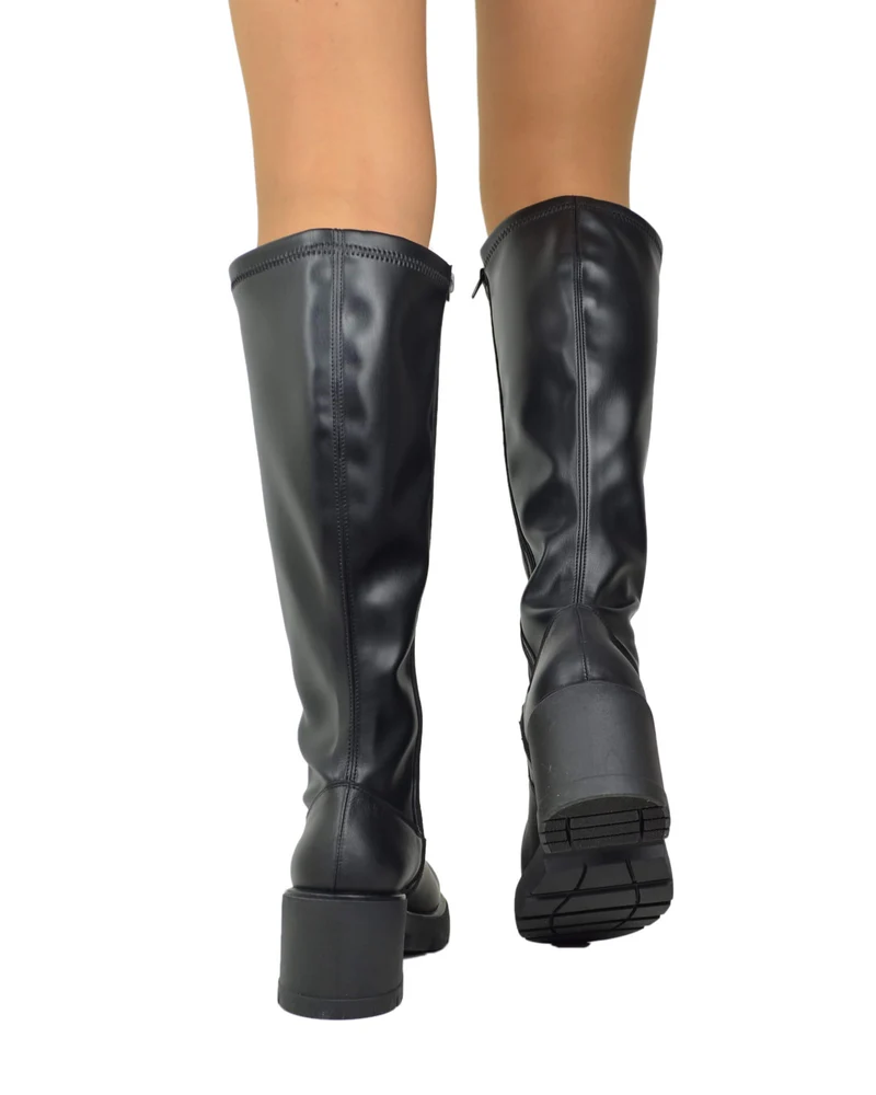 Stivali Donna Alti in Pelle Neri con Tacco Largo Gambale Largo XL Elasticizzato e Zip Made in Italy