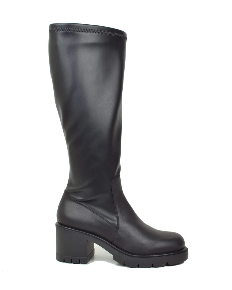 Stivali Donna Alti in Pelle Neri con Tacco Largo Gambale Largo XL Elasticizzato e Zip Made in Italy