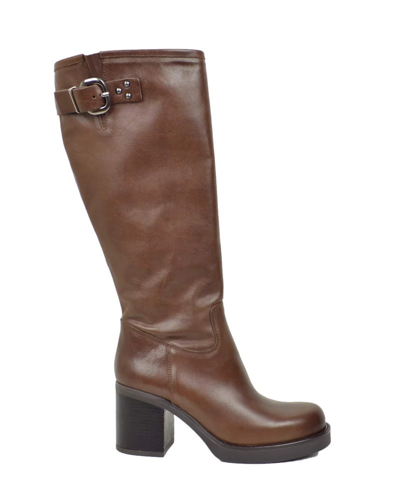 Stivali Donna Alti in Pelle Marroni con Tacco Largo, Plateau e Fibbia - Made in Italy