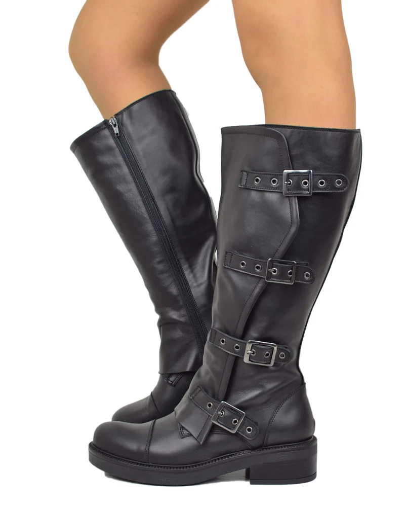 Stivali Biker Donna Pelle Nera Gambale Largo XL Curvy con Fibbie