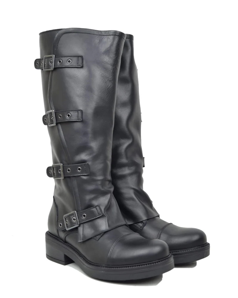 Stivali Biker Donna Pelle Nera Gambale Largo XL Curvy con Fibbie