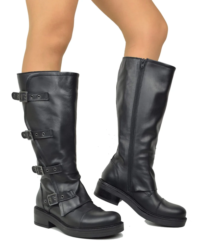 Stivali Biker Donna Pelle Nera Gambale Largo XL Curvy con Fibbie