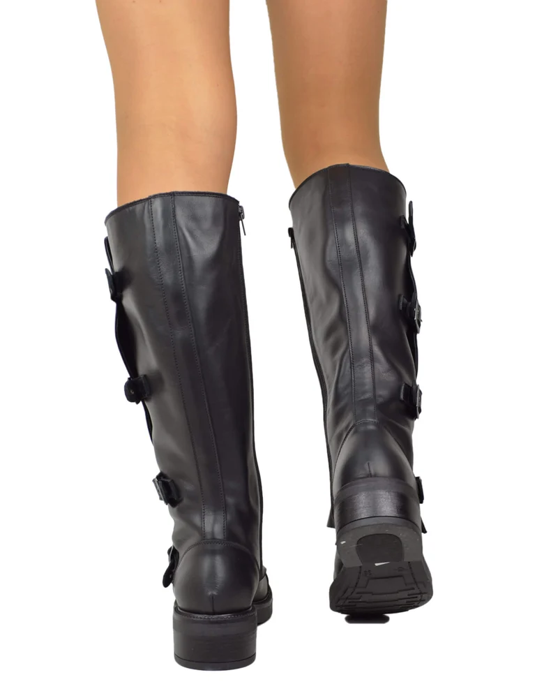Stivali Biker Donna Pelle Nera Gambale Largo XL Curvy con Fibbie