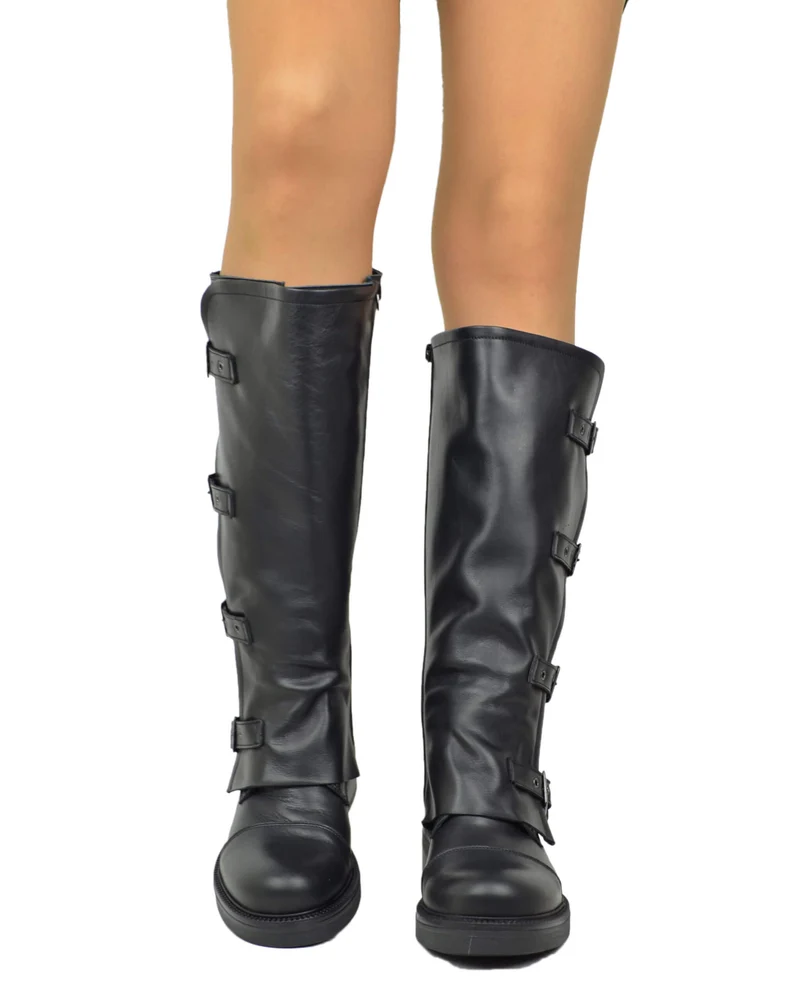 Stivali Biker Donna Pelle Nera Gambale Largo XL Curvy con Fibbie