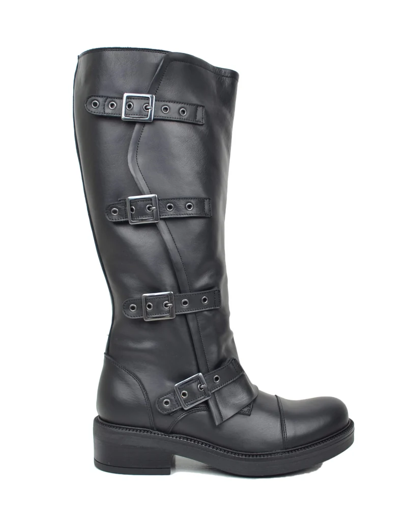Stivali Biker Donna Pelle Nera Gambale Largo XL Curvy con Fibbie
