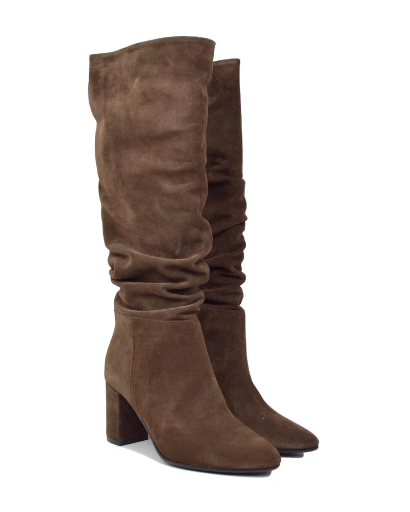 Stivali Donna Plissettati Pelle Scamosciata Marrone Tacco 7,5 cm
