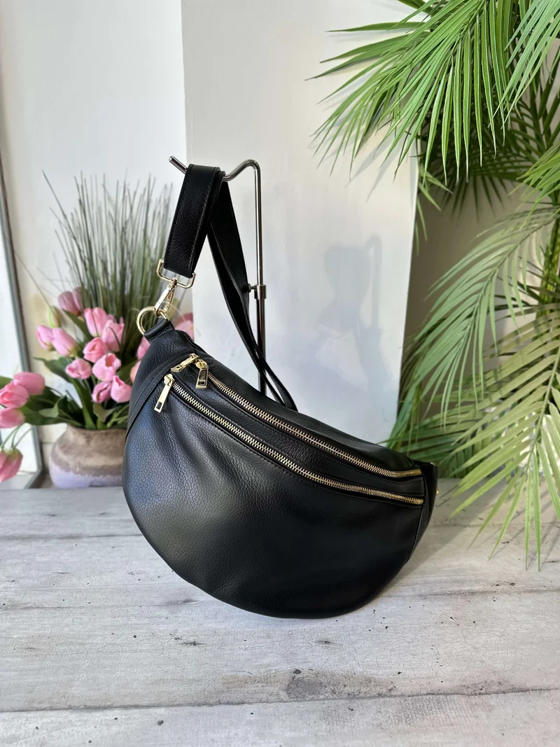Maxi Marsupio Grande con Zip Vera Pelle Nera Zip Dorate Noemi
