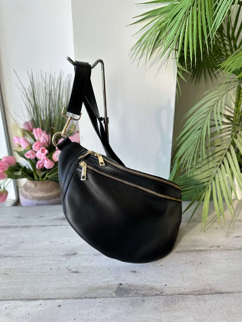 Maxi Marsupio Grande con Zip Vera Pelle Nera Zip Dorate Noemi