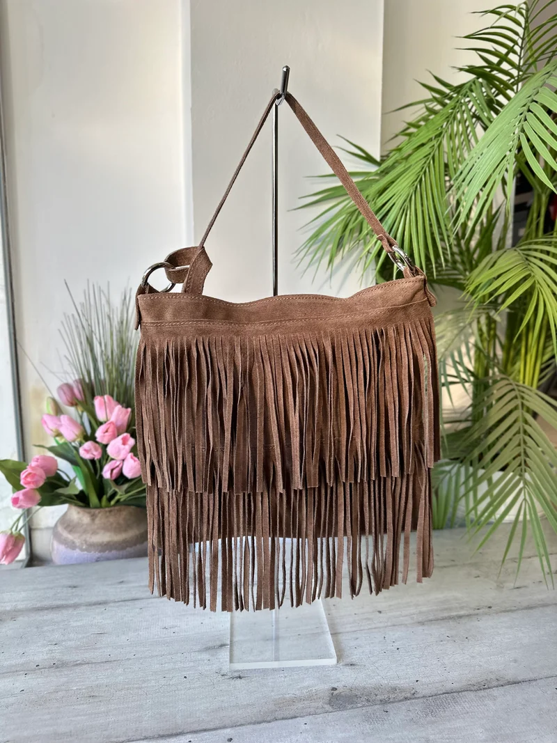 Borsa con Frange Marrone Cowboy Style Anelli Argento a Tracolla Vera Pelle Scamosciata FENICE Taupe