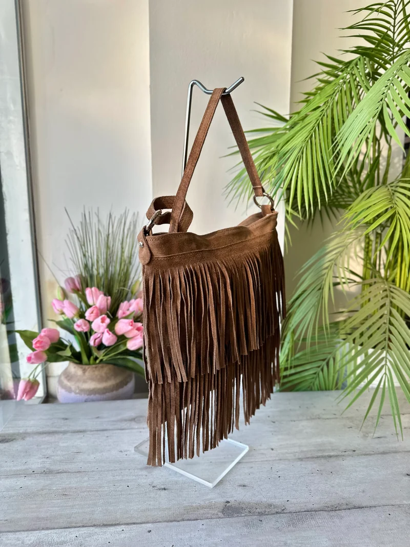 Borsa con Frange Marrone Cowboy Style Anelli Argento a Tracolla Vera Pelle Scamosciata FENICE Taupe