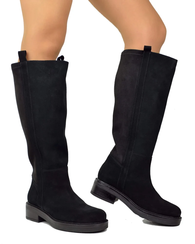 Stivali Camperos Biker Stivali Gambale Largo XL Pelle Scamosciata Elasticizzati Neri