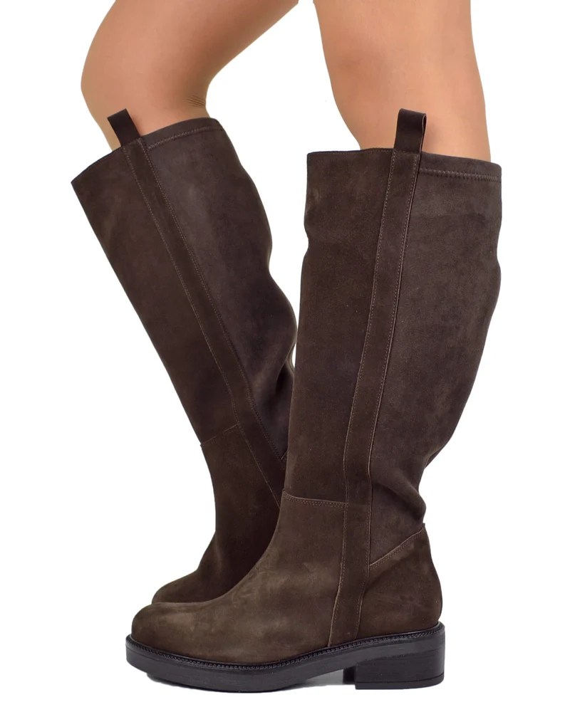 Stivali Camperos Biker Stivali Gambale Largo XL Pelle Scamosciata Elasticizzati Marroni