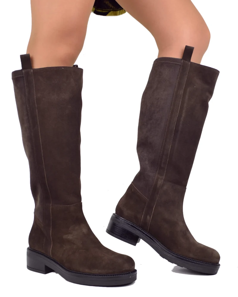 Stivali Camperos Biker Stivali Gambale Largo XL Pelle Scamosciata Elasticizzati Marroni