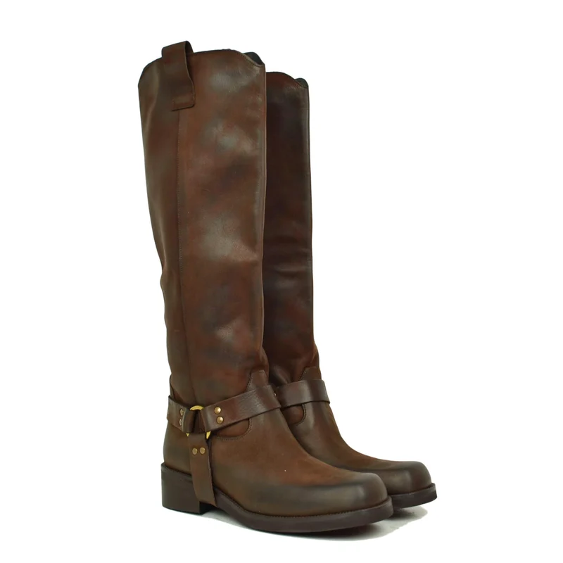 Biker Pelle Nabuk Marroni DIVINE FOLLIE Alti Fondo Quadrato