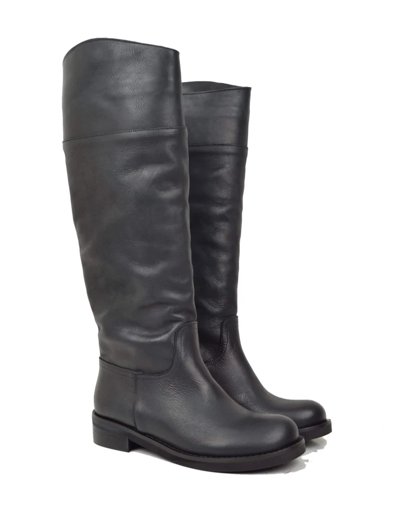 Stivali Alti Semplici Cavallerizza Semirigido Pelle Vintage Naturale Nero