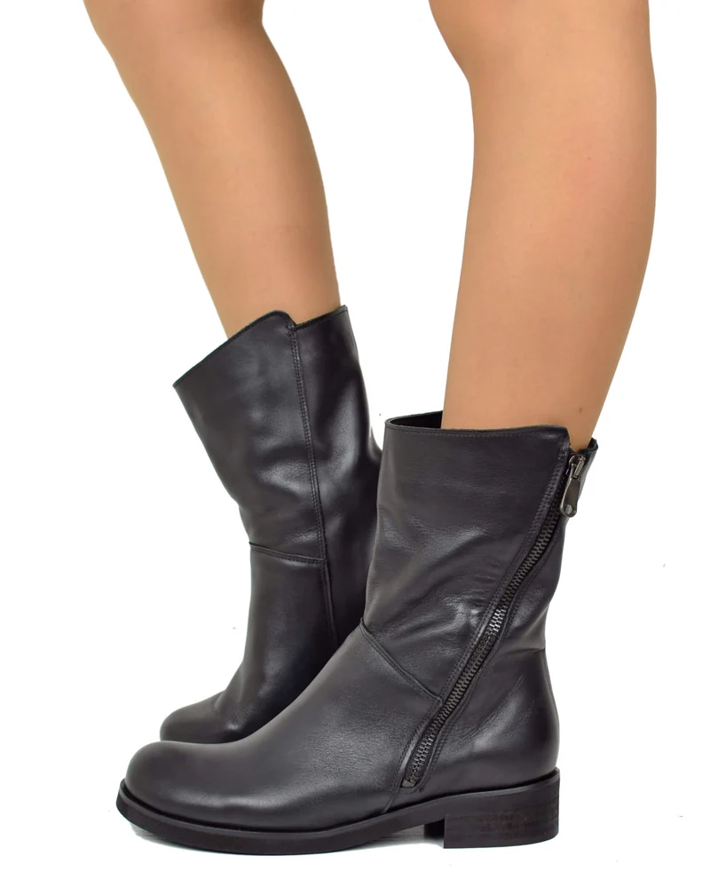 Stivali Biker Vera Pelle Vintage Naturale Sopra alla Caviglia Neri
