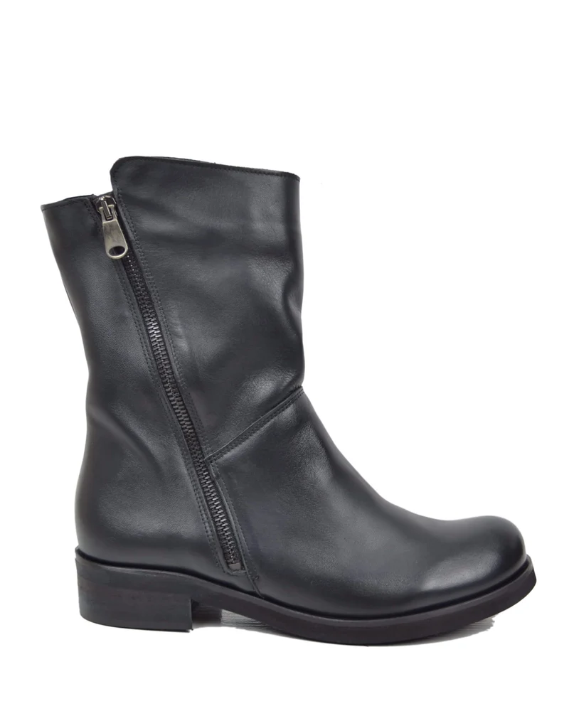 Stivali Biker Vera Pelle Vintage Naturale Sopra alla Caviglia Neri