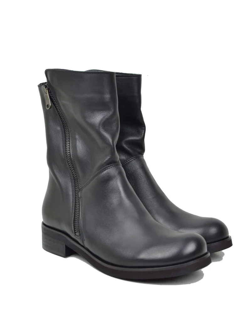 Stivali Biker Vera Pelle Vintage Naturale Sopra alla Caviglia Neri