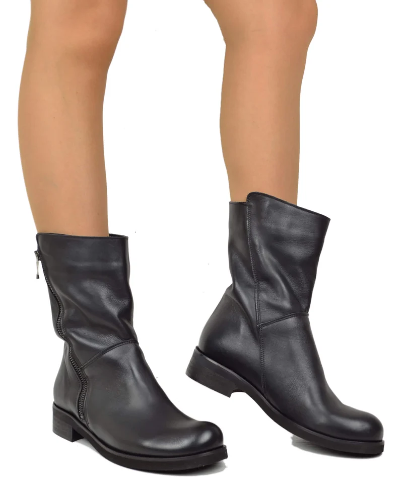 Stivali Biker Vera Pelle Vintage Naturale Sopra alla Caviglia Neri
