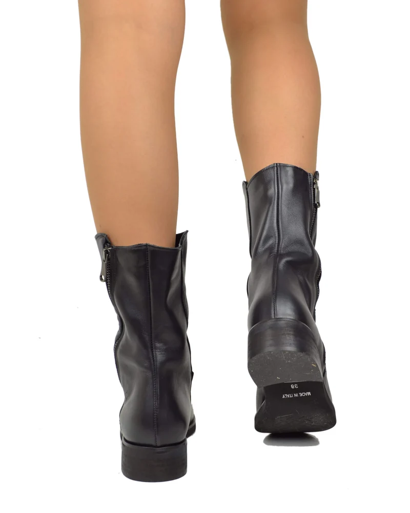 Stivali Biker Vera Pelle Vintage Naturale Sopra alla Caviglia Neri