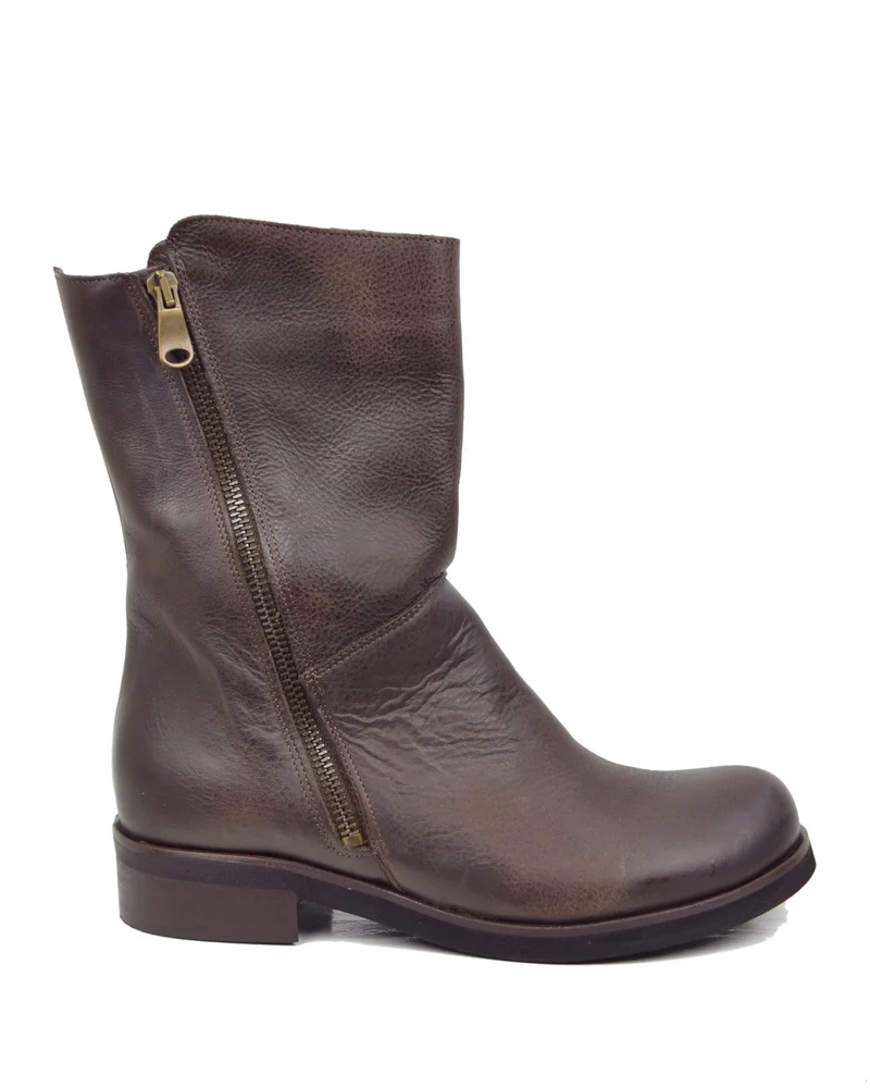 Stivali Biker Vera Pelle Vintage Naturale Sopra alla Caviglia Marroni
