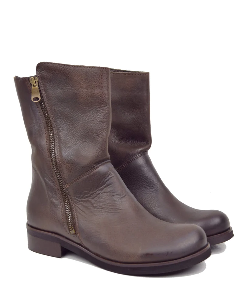 Stivali Biker Vera Pelle Vintage Naturale Sopra alla Caviglia Marroni