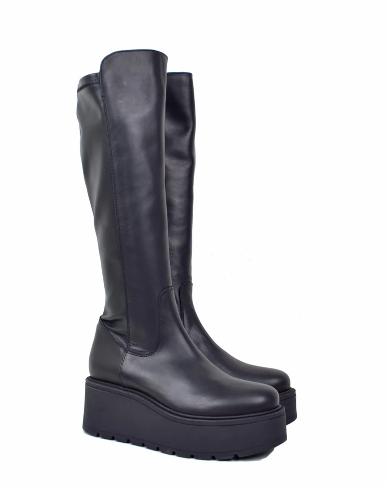 Stivali Platform Calza Elasticizzati e Vera Pelle Grunge Rock Neri