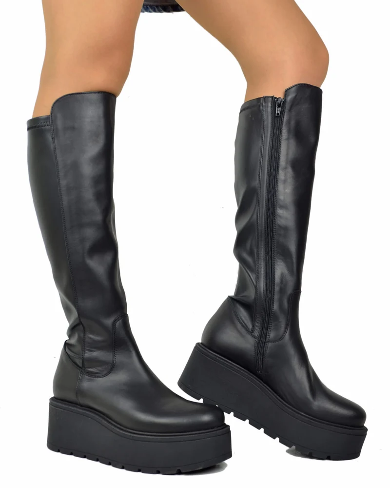Stivali Platform Calza Elasticizzati e Vera Pelle Grunge Rock Neri