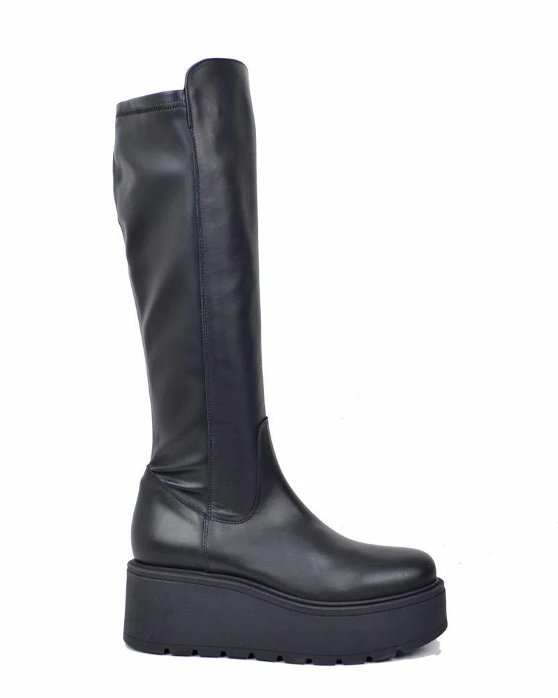Stivali Platform Calza Elasticizzati e Vera Pelle Grunge Rock Neri
