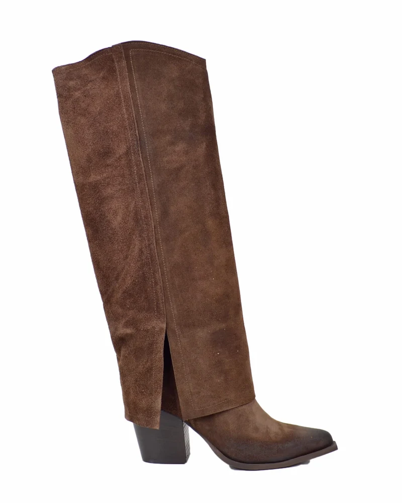 Stivali Eleganti Alti con Ghetta Vera Pelle Scamosciata Marroni Tacco 8 cm